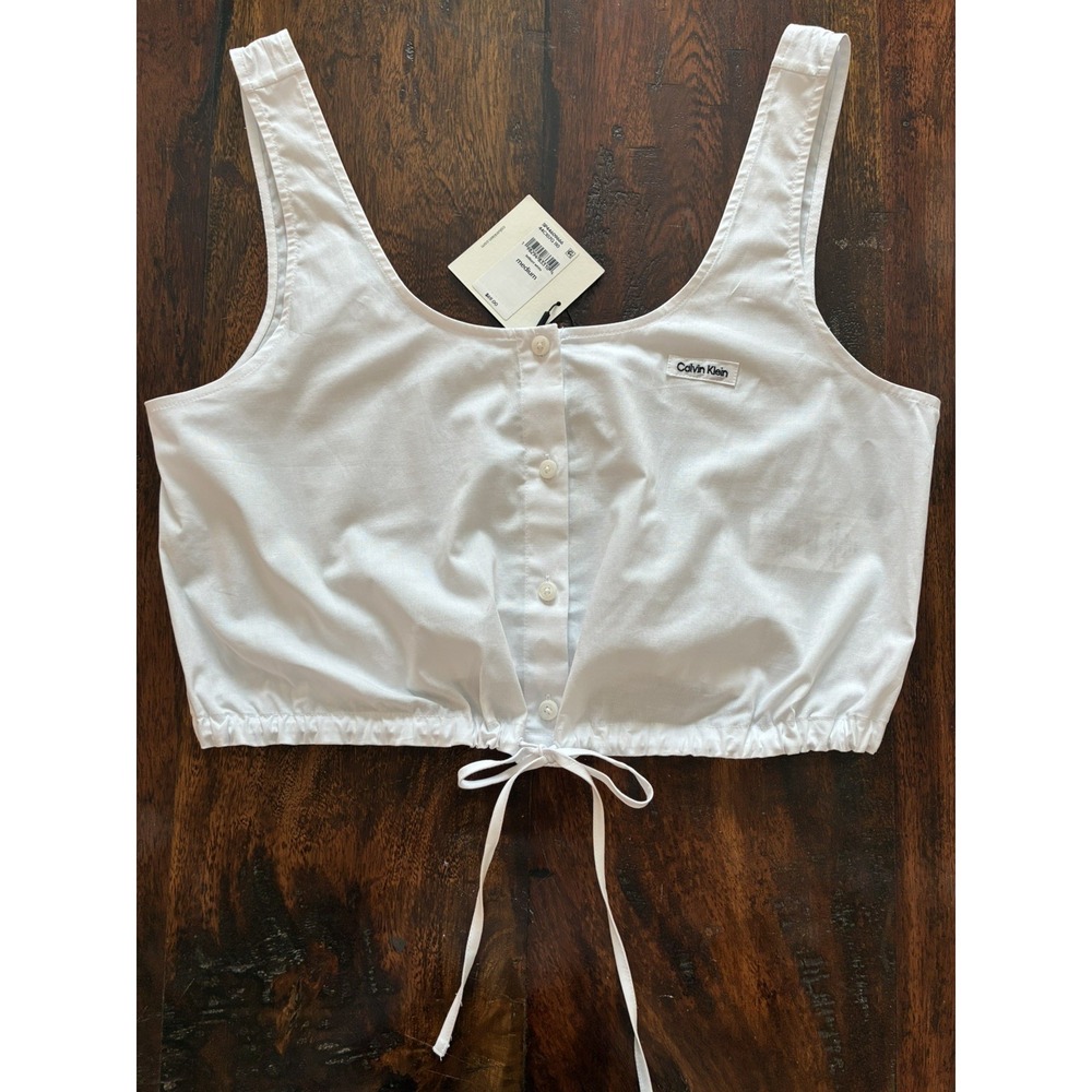 CALVIN KLEIN~ Womens White Sleeveless Front Button Cropped Tank Top~ Med~NWT